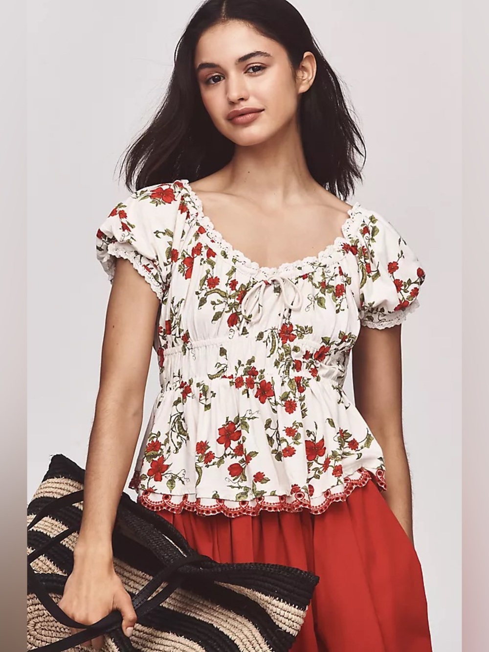 Maeve Anthropologie S Floral Peplum Top Puff Sleeve Cottagecore Coquette Lace